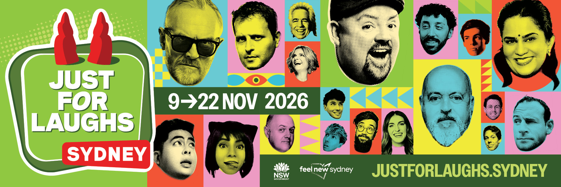 Just For Laughs Sydney 2026 — 9 to 22 November. A wall of colourful halftone portraits of this year's comedians.